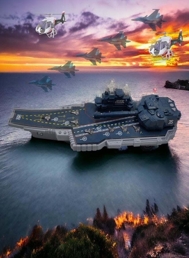 Babelly Big Aircraft Carrier Friction Powered Push n go with Lights and Sound Simulation Army Ship Warship Weapon Toy Military Vehicles Play Set Battleship Planes Fighter Jet Tank - Image 2